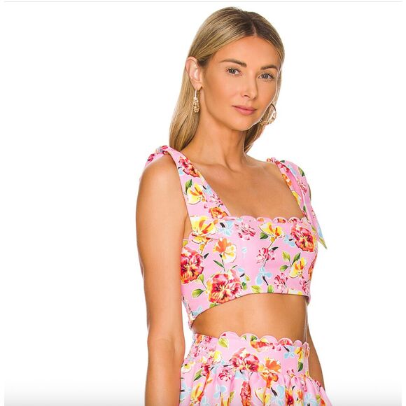 AGUA BENDITA Revolve Pink Floral Rhea Smocked Feminine Girly Crop Top Size XS - Picture 2 of 6